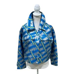 NWT Lisou Dylan blue silver Geometric print silk jacquard cropped Jacket sz 4
